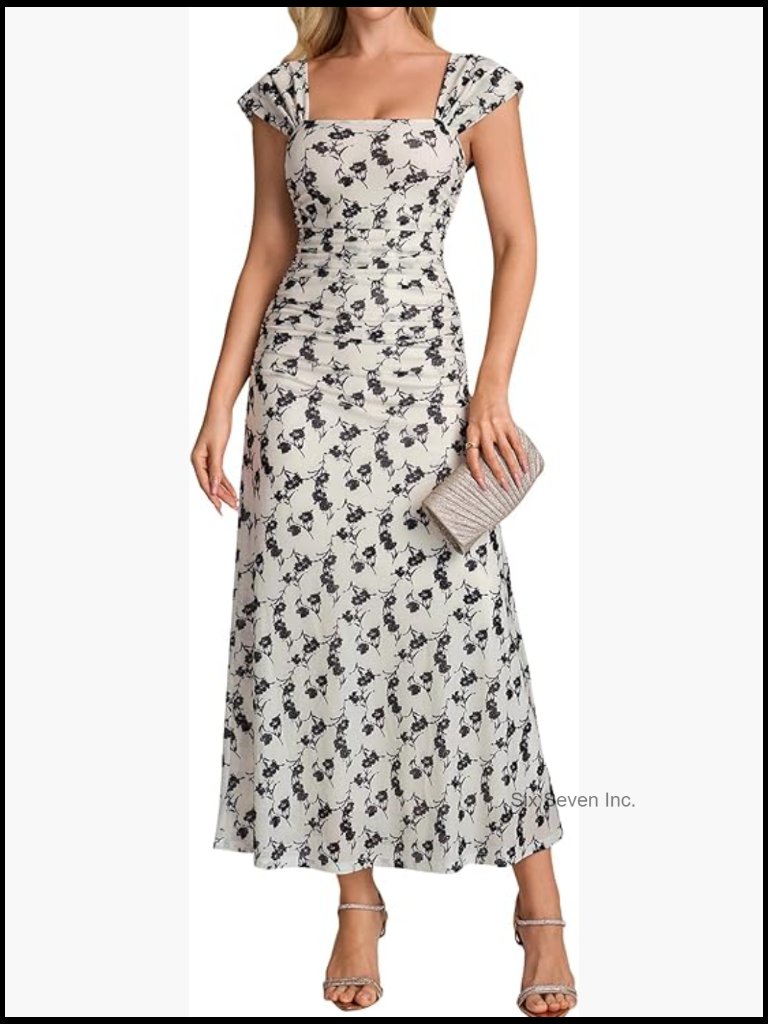 Summer Floral Maxi Dress Wedding Guest Cap Sleeve Square Neck Ruched A-Line Mesh